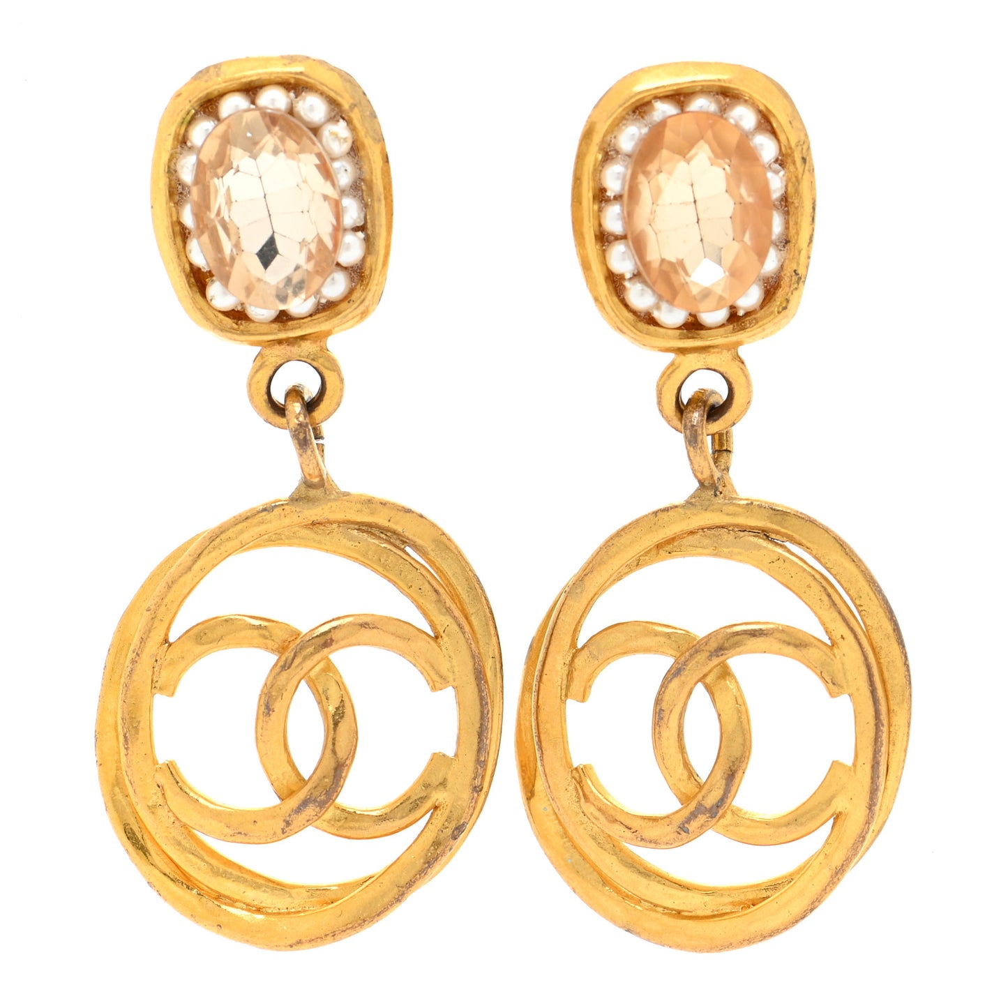 Crystal Pearl CC Drop Clip On Earrings Gold