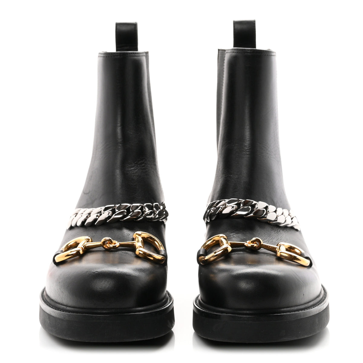 Gucci Flores Calfskin Horsebit Chain Ankle Boots 39 Black 3 of 10