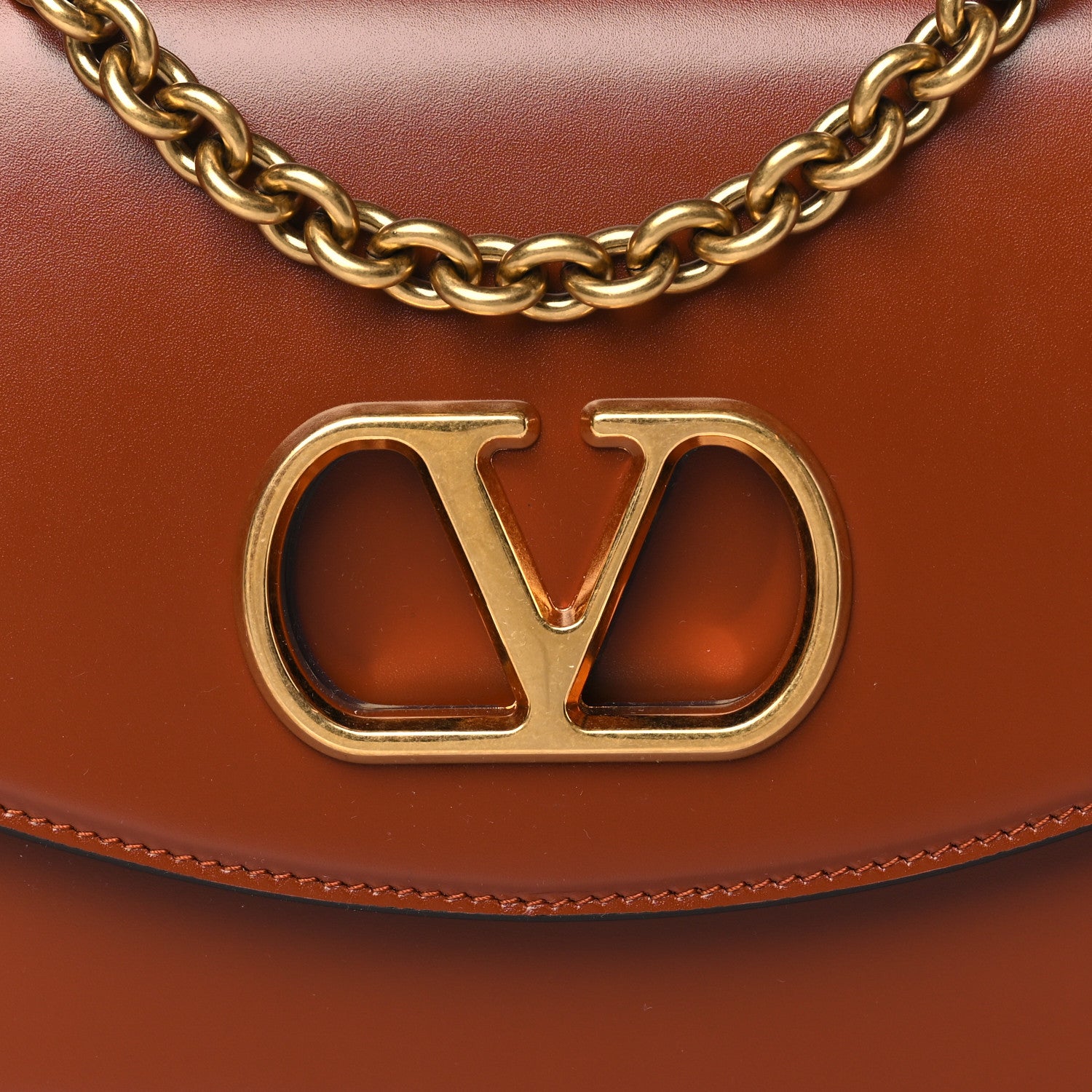 Valentino Garavani Vitello Vlogo Cutout Chain Shoulder Bag Saddle Brown 7 of 9