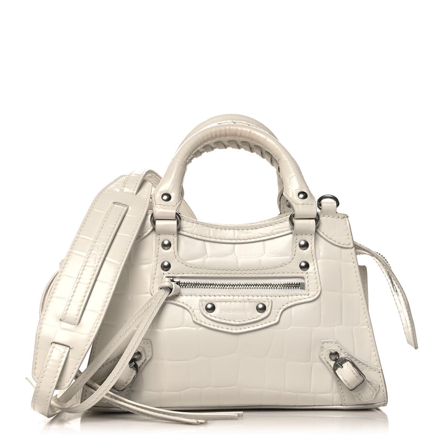 Semi Shiny Calfskin Crocodile Embossed Neo Classic Silver Hardware Mini City White