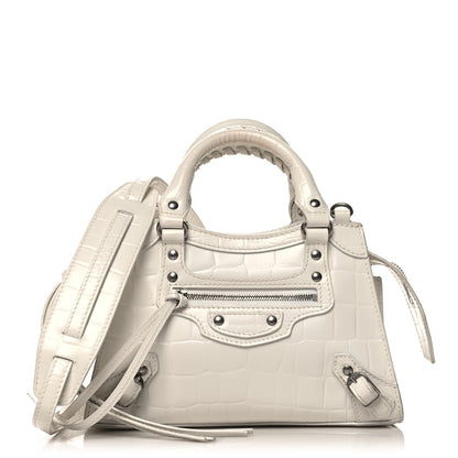Balenciaga Semi Shiny Calfskin Crocodile Embossed Neo Classic Silver Hardware Mini City White 1 of 13