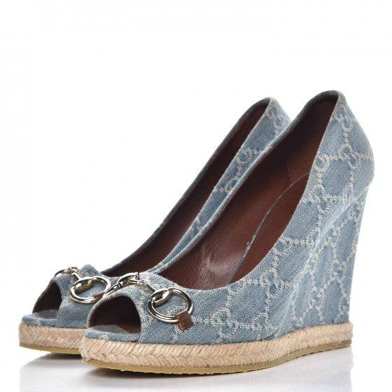 Gucci Denim Monogram Horsebit Open Toe Espadrille Wedges 39.5 Blue 3 of 15