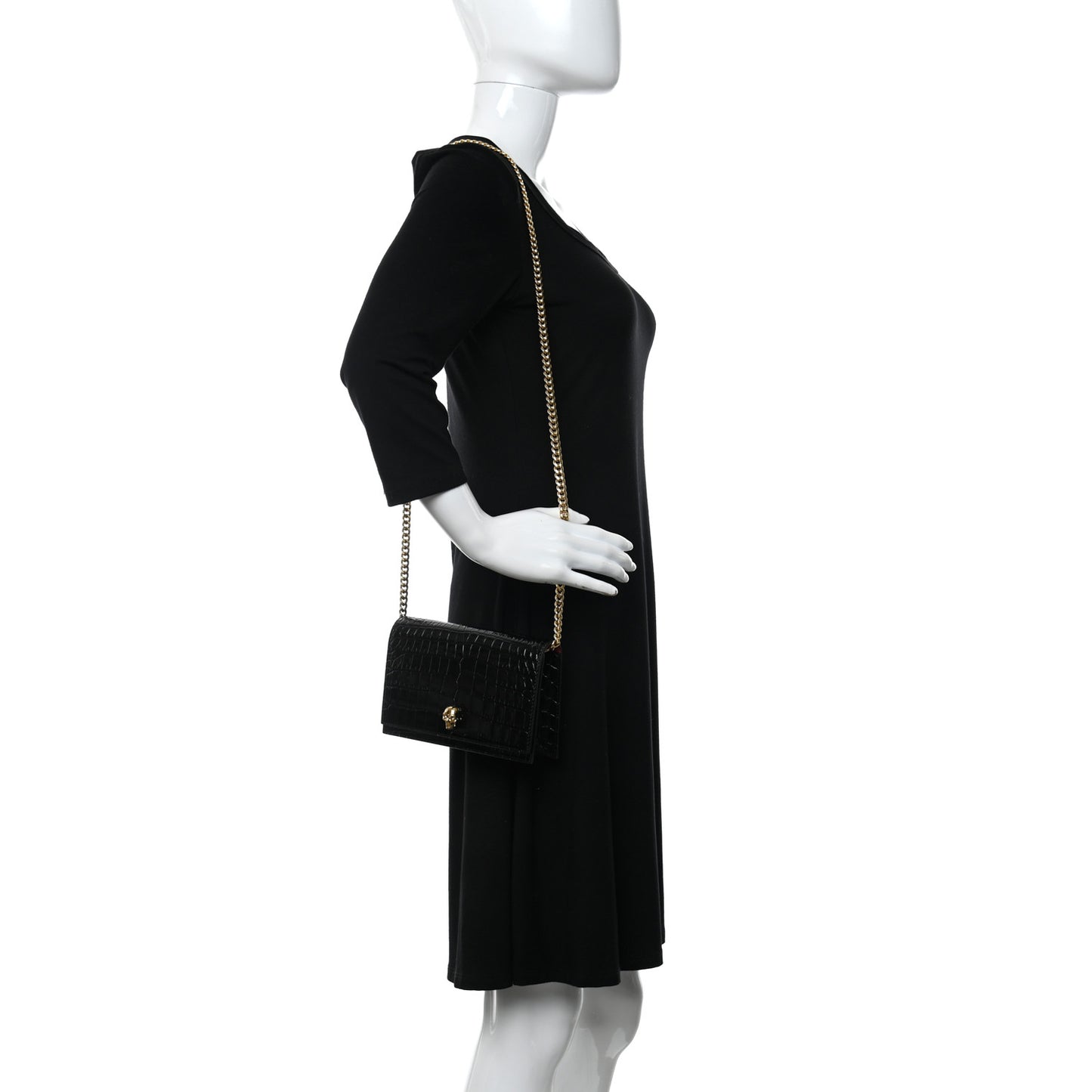 Calfskin Crocodile Embossed Skull Mini Shoulder Bag Black