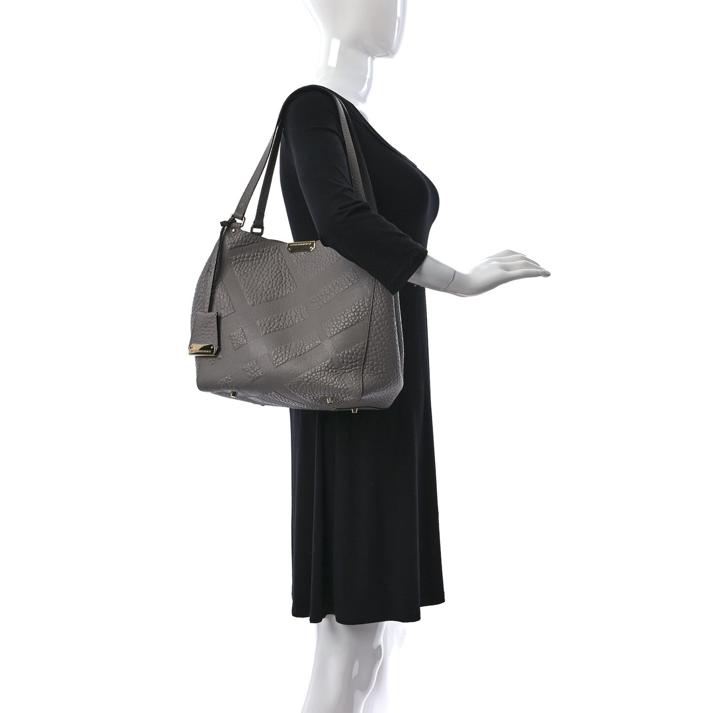 Signature Grain Calfskin Check Embossed Small Canterbury Tote Stone White