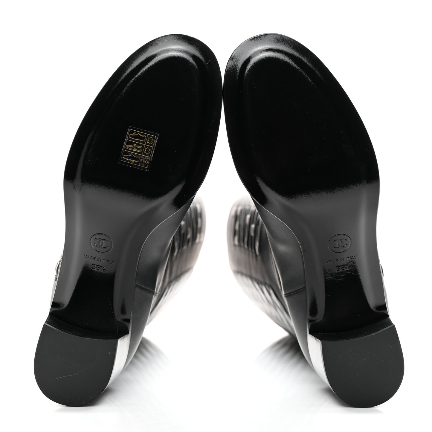 Calfskin Patent Cap Toe Quilted Logo Knee High Boots 38.5 Black