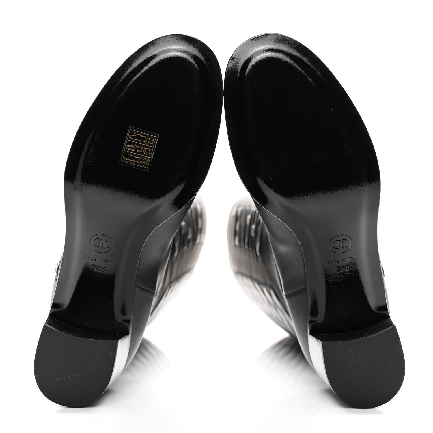 Chanel Calfskin Patent Cap Toe Quilted Logo Knee High Boots 38.5 Black 5 of 9