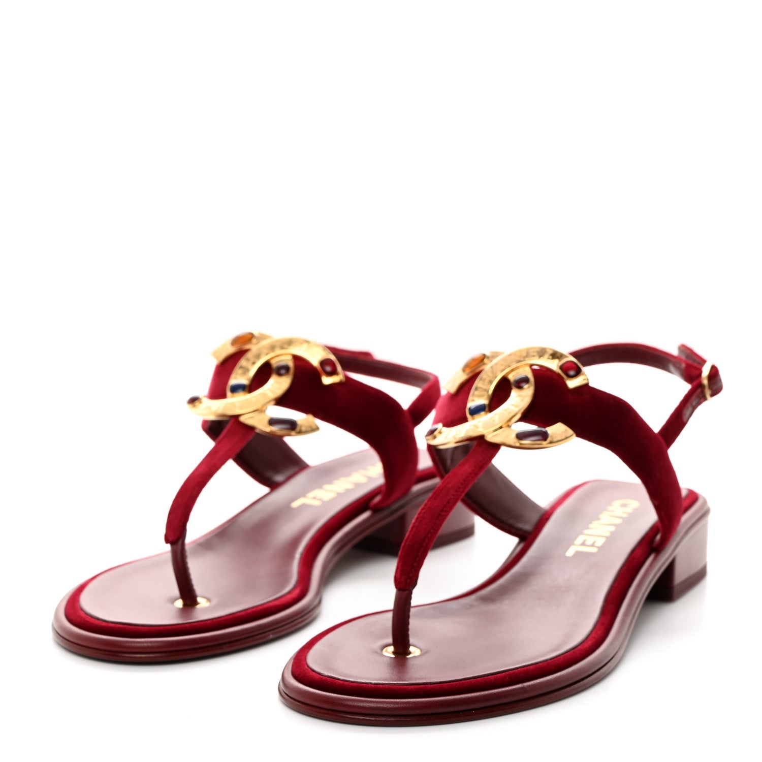 Chanel Velvet Metal Gripoix CC Thong Sandals 39 Burgundy 3 of 9