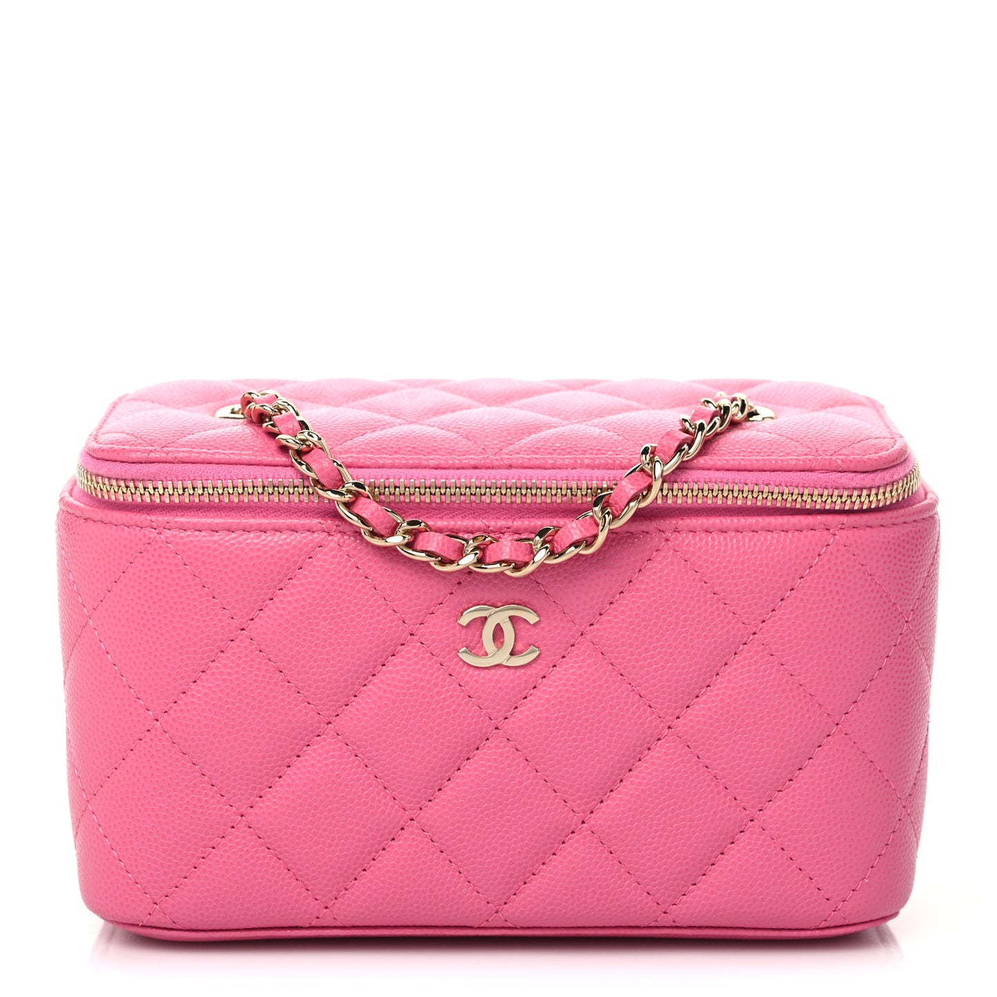 Caviar Quilted Small Vanity Case With Chain Pink