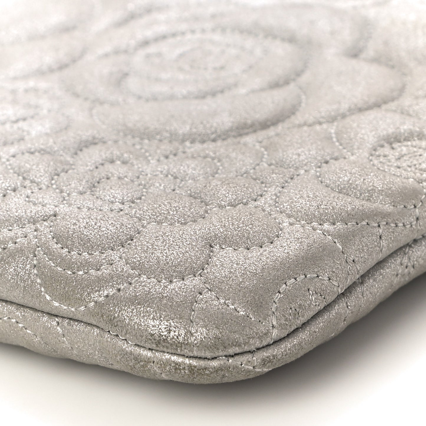 Goatskin Camellia Stitched Medium Cosmetic Case Silver