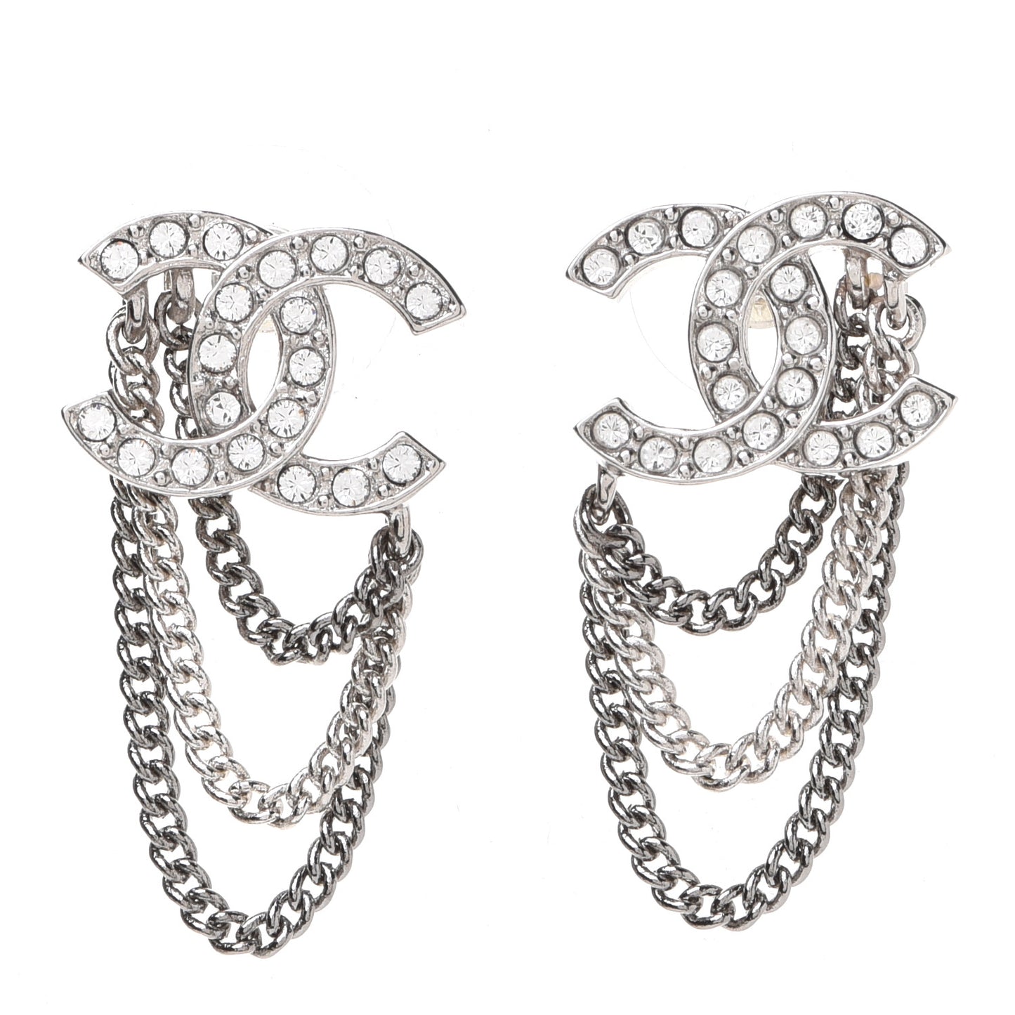 Crystal Chain CC Earrings Silver