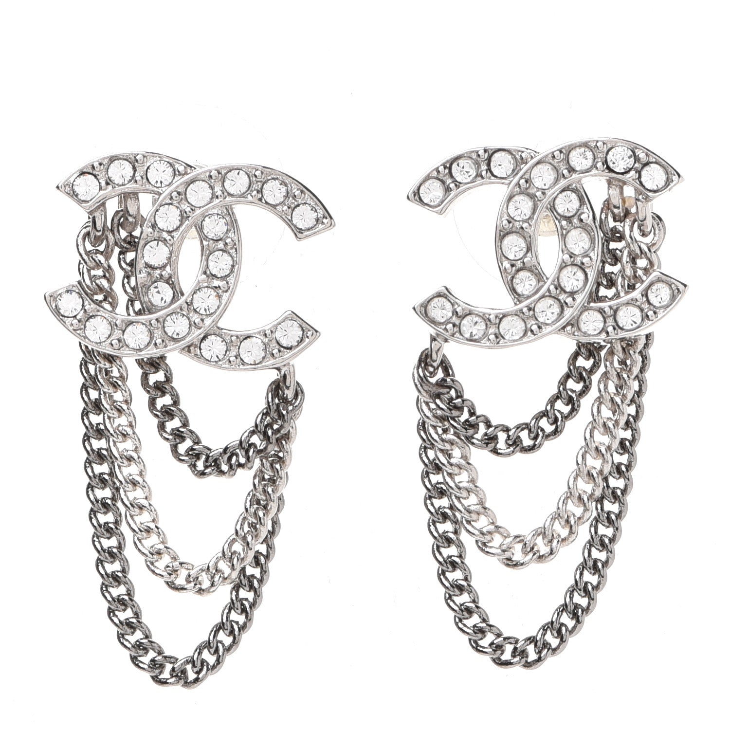 Chanel Crystal Chain CC Earrings Silver 1 of 5