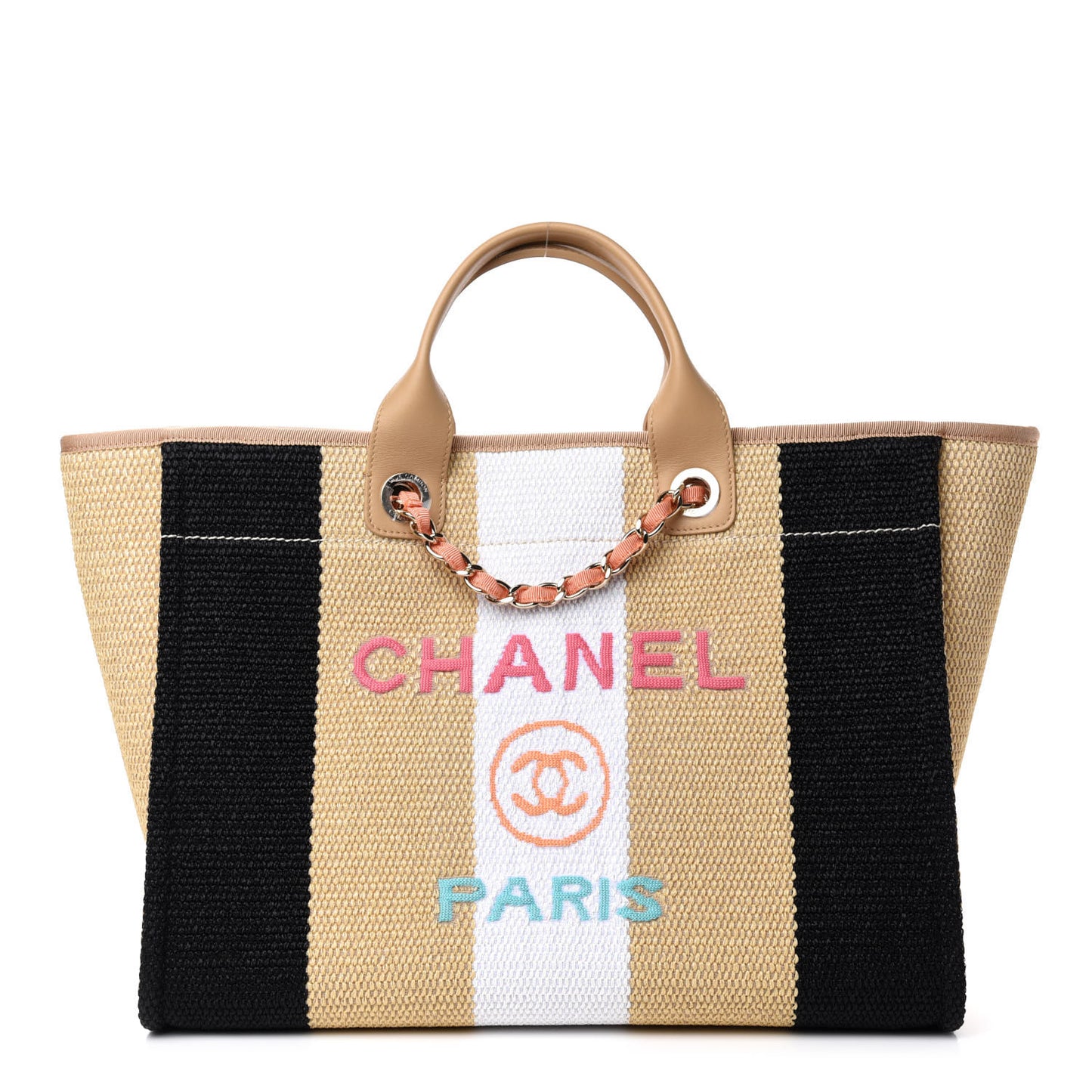 Straw Raffia Calfskin Striped Medium Deauville Tote Black Beige Ivory