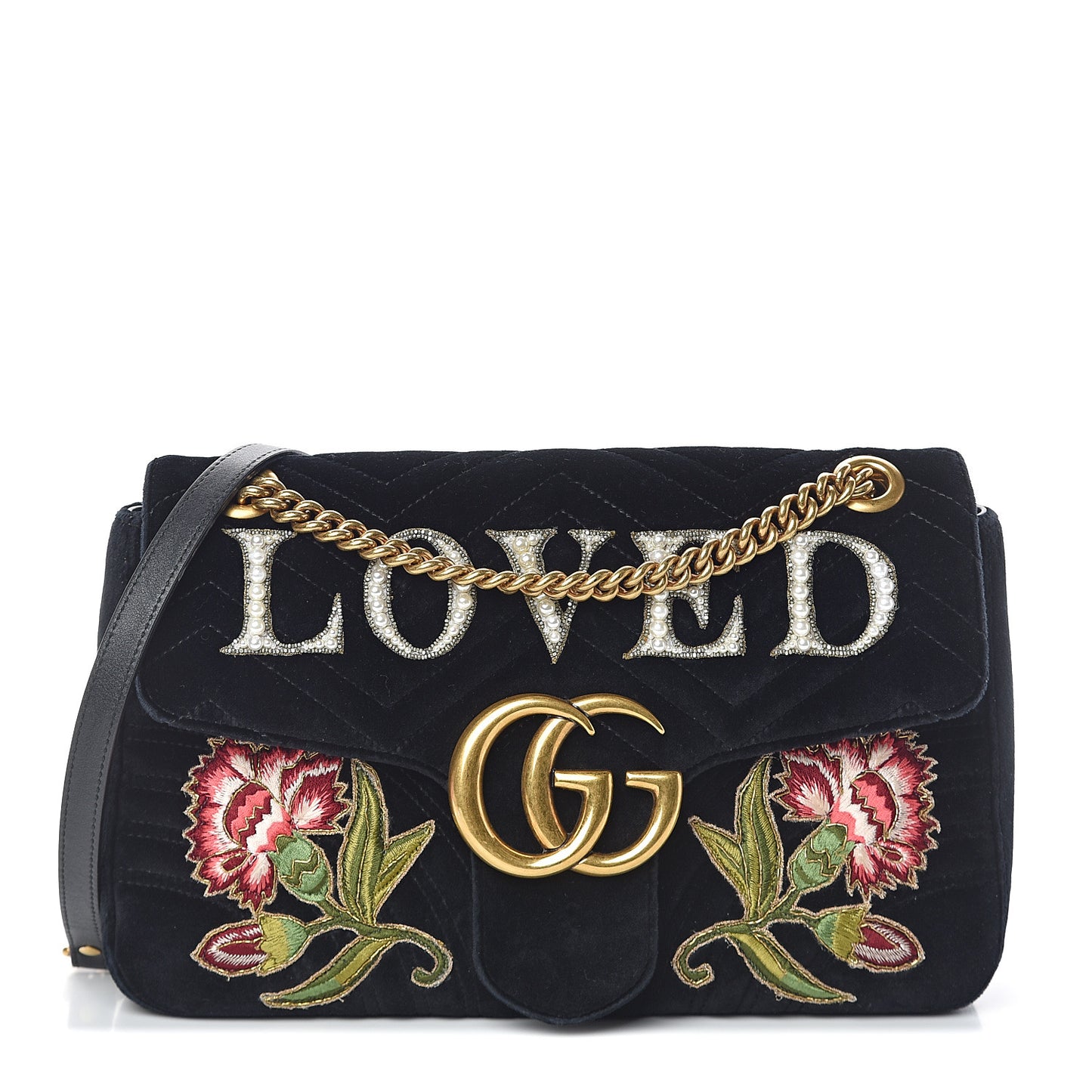 Velvet Matelasse Loved Embroidered Medium GG Marmont Shoulder Bag Black