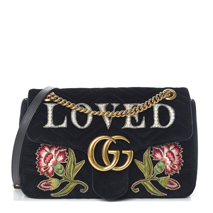 Gucci Velvet Matelasse Loved Embroidered Medium GG Marmont Shoulder Bag Black 1 of 8