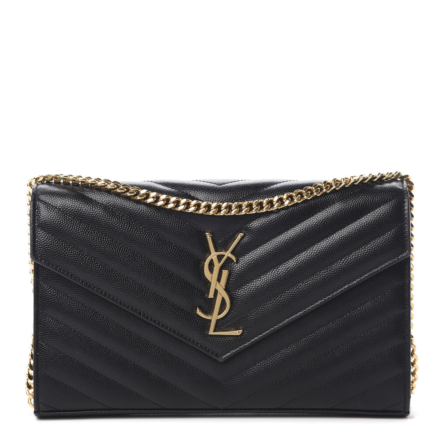 Saint Laurent Grain De Poudre Matelasse Chevron Monogram Chain Wallet Black 1 of 17