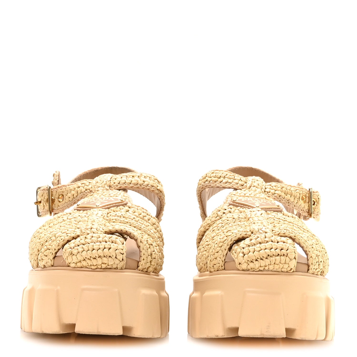 Prada Yarn Raffia Effect Metal Triangle Logo Crochet Monolith 55mm Cage Sandals 40 Naturale 3 of 7