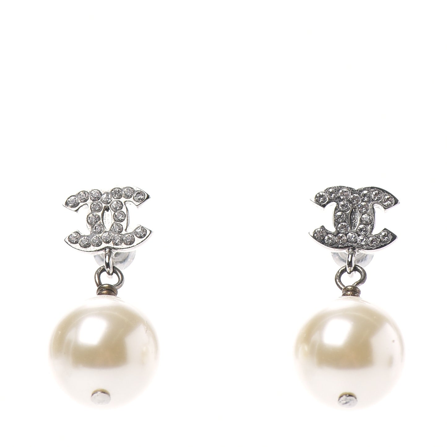 Crystal Pearl CC Drop Earrings Silver