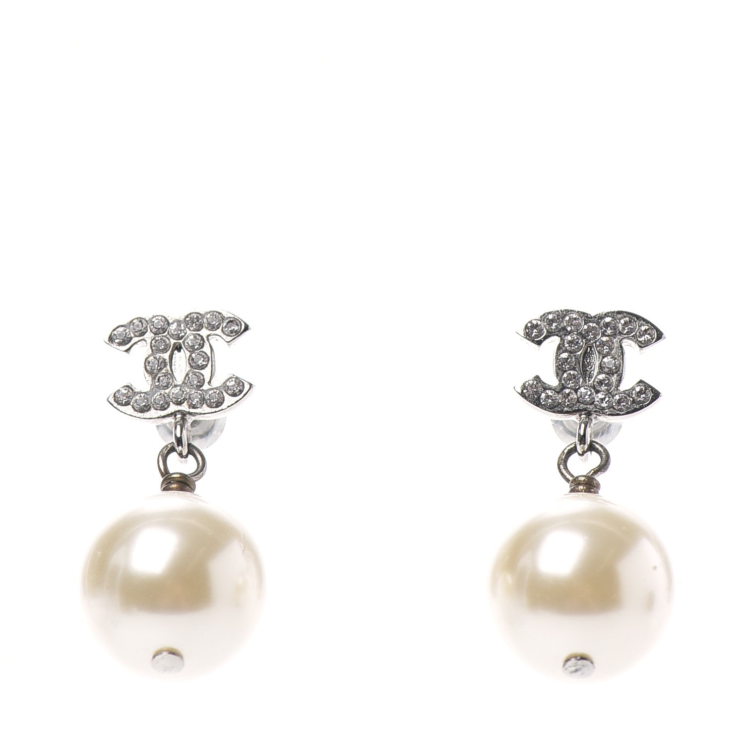Chanel Crystal Pearl CC Drop Earrings Silver 1 of 5