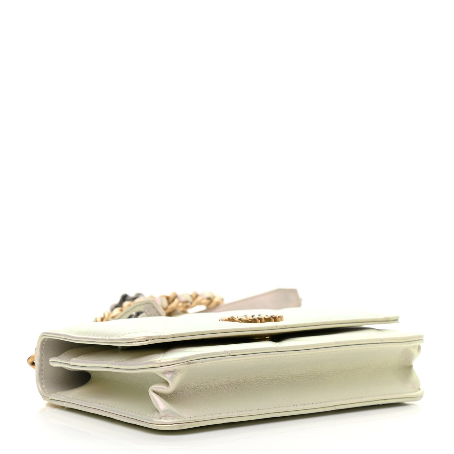 Iridescent Calfskin Quilted Chanel 19 Wallet On Chain WOC White