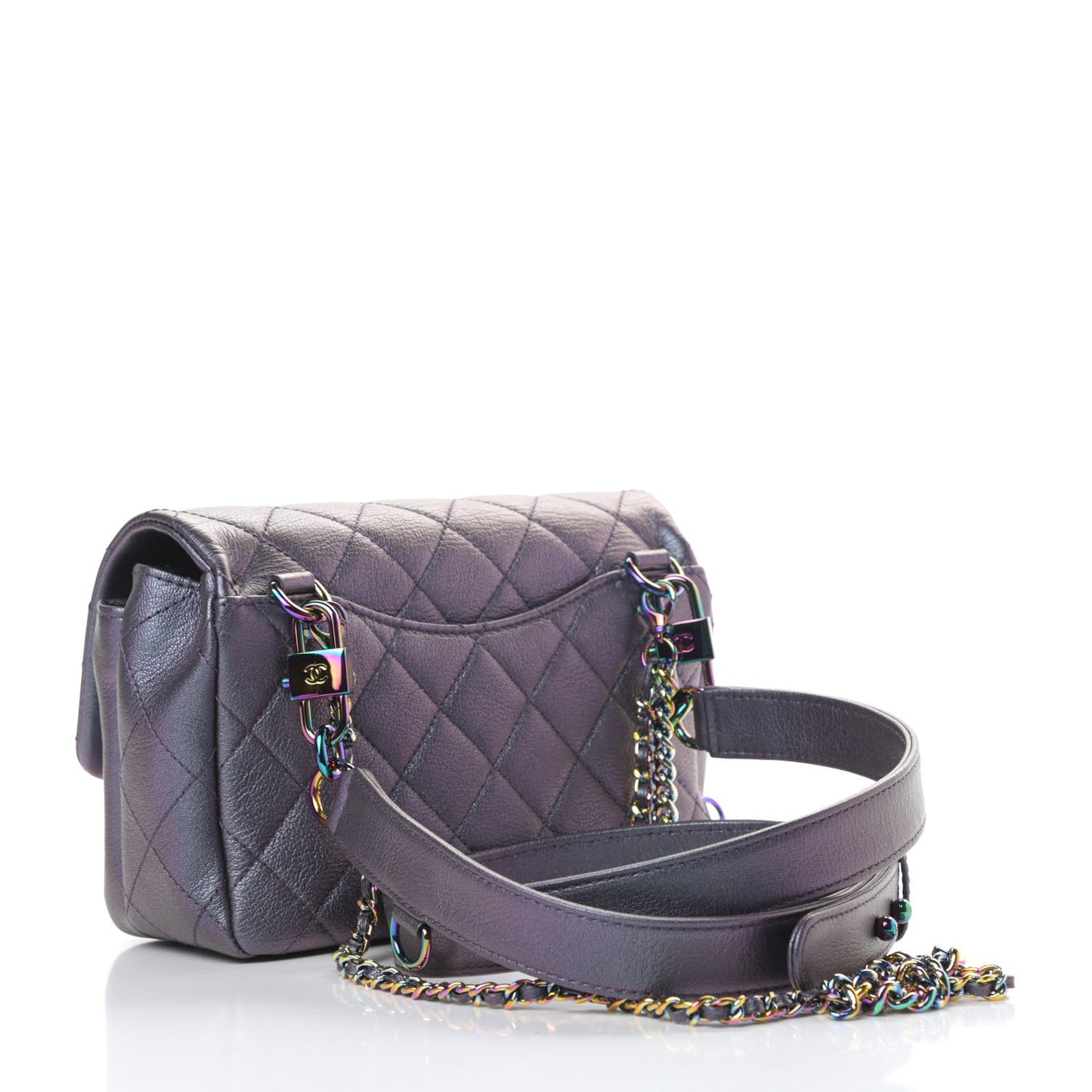 Iridescent Goatskin Quilted Small Double Carry Waist Chain Flap Purple