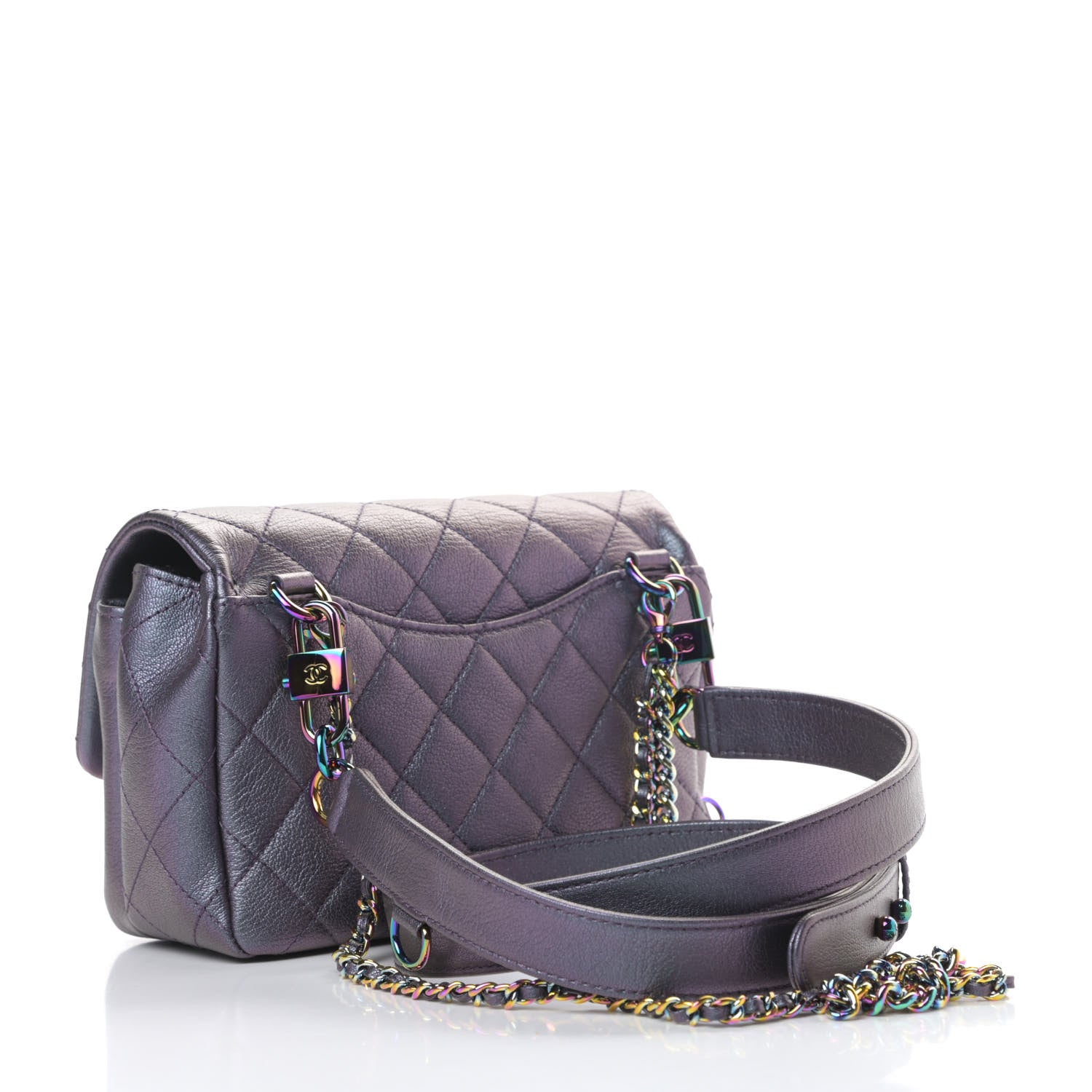 Chanel Iridescent Goatskin Quilted Small Double Carry Waist Chain Flap Purple 3 of 11