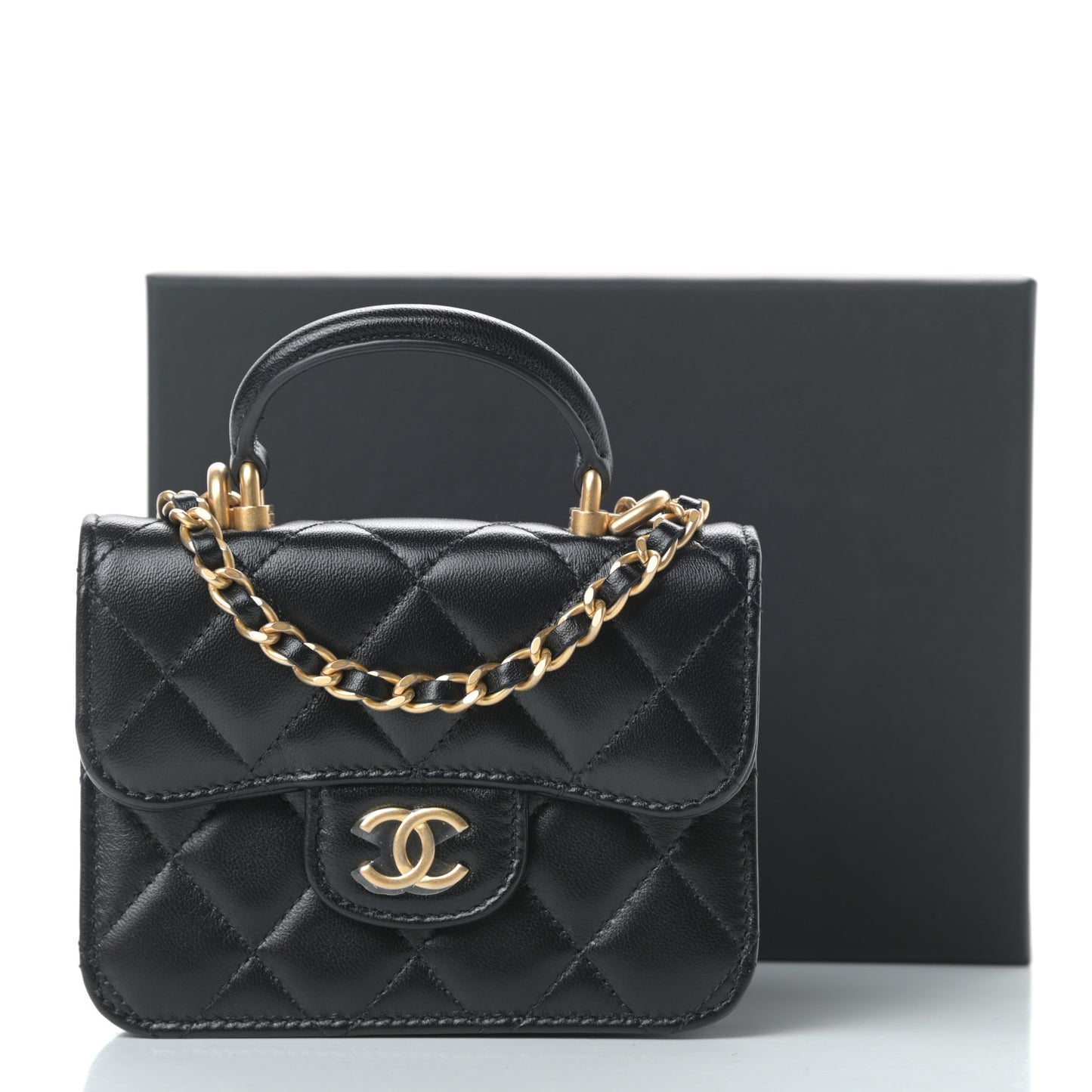 Lambskin Quilted Top Handle Flap Coin Purse With Chain Black