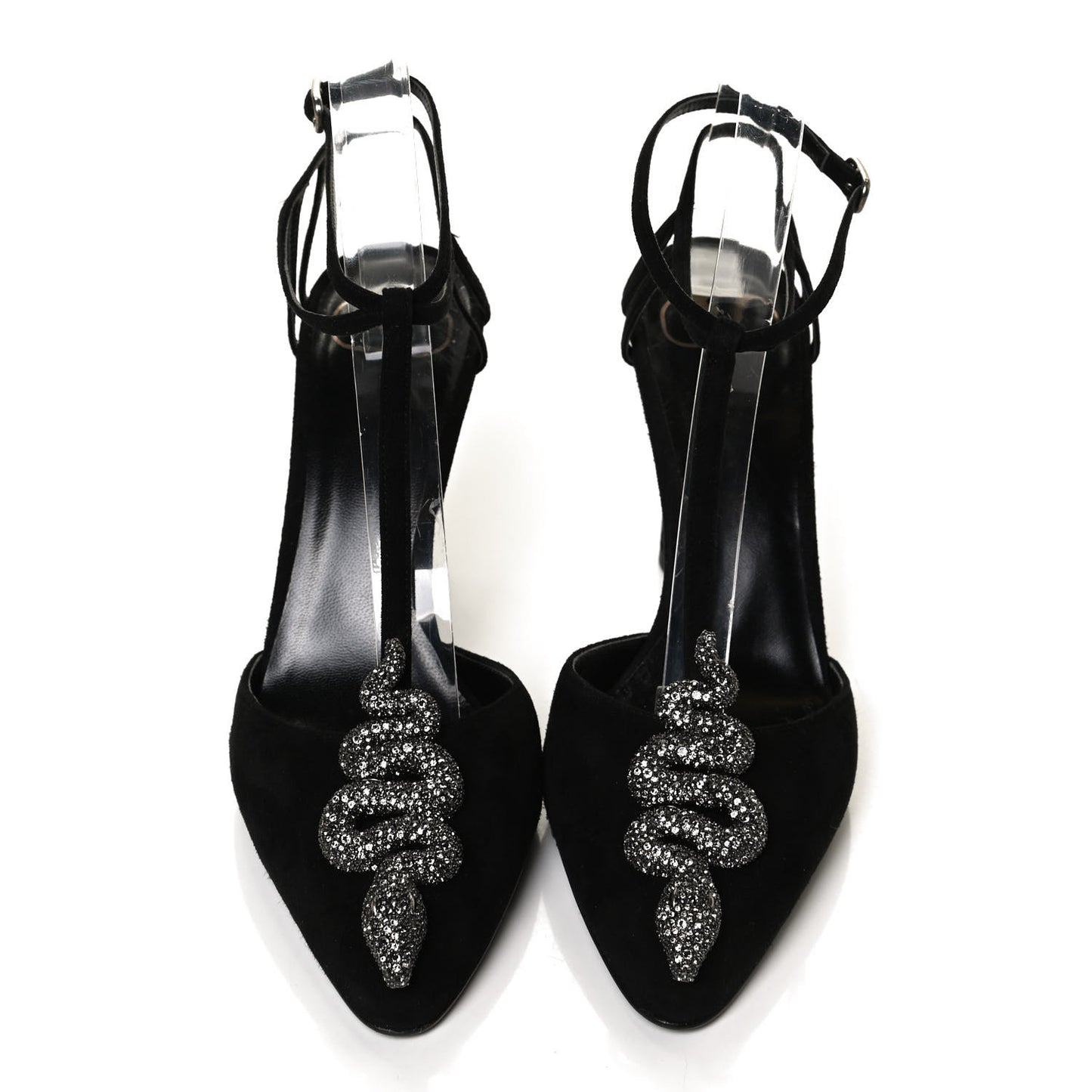 Suede Crystal Snake Embellished Ankle Strap Pumps 36.5 Black