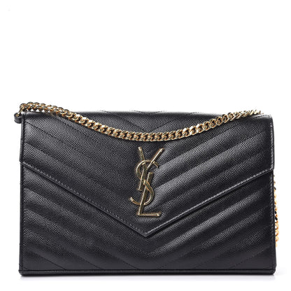 Saint Laurent Grain De Poudre Matelasse Chevron Monogram Chain Wallet Black 1 of 10