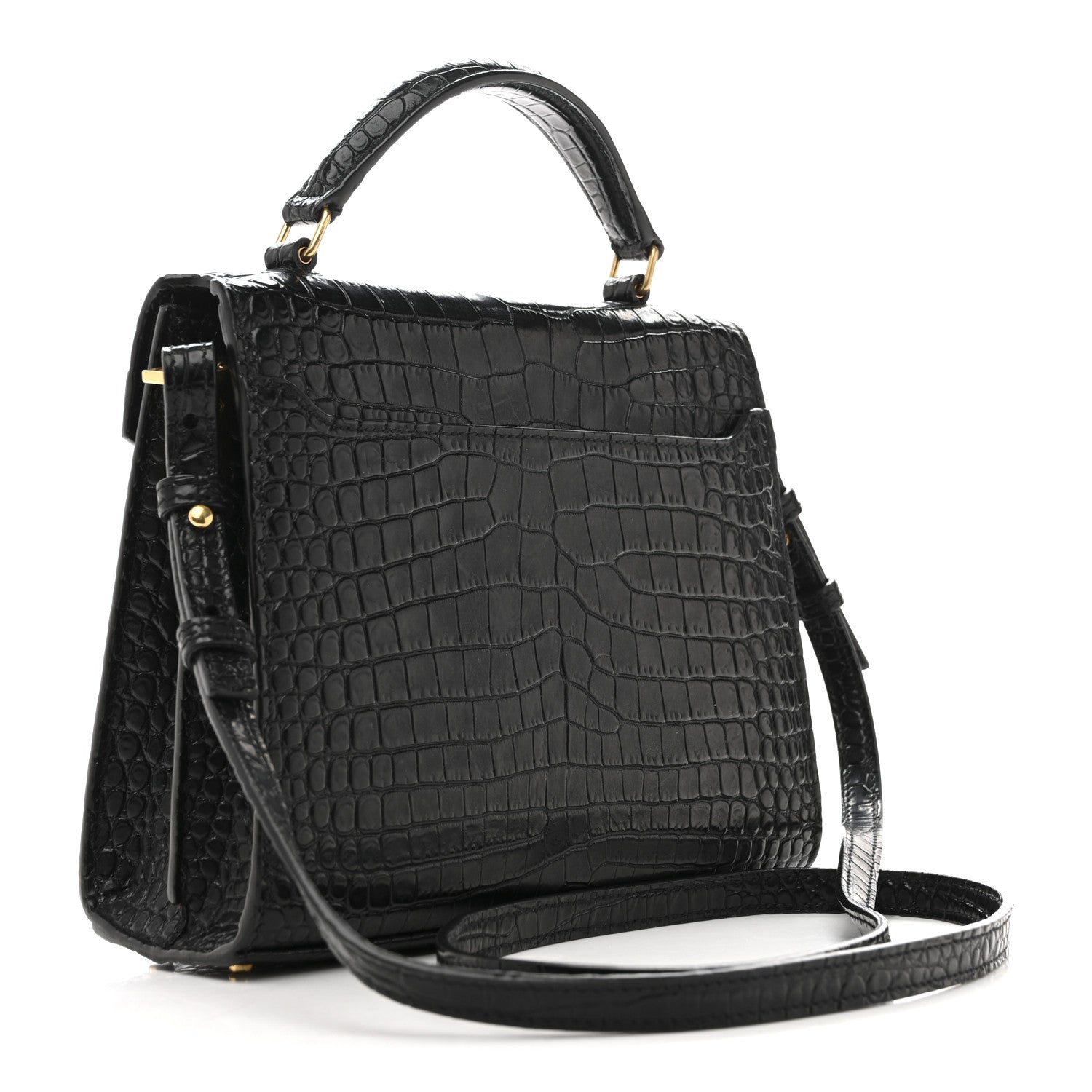 Saint Laurent Calfskin Crocodile Embossed Mini Classic Monogram Cassandra Top Handle Black 3 of 14