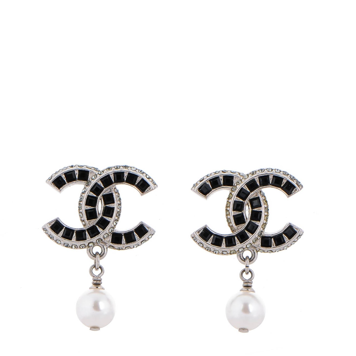 Baguette Crystal Pearl CC Drop Earrings Silver