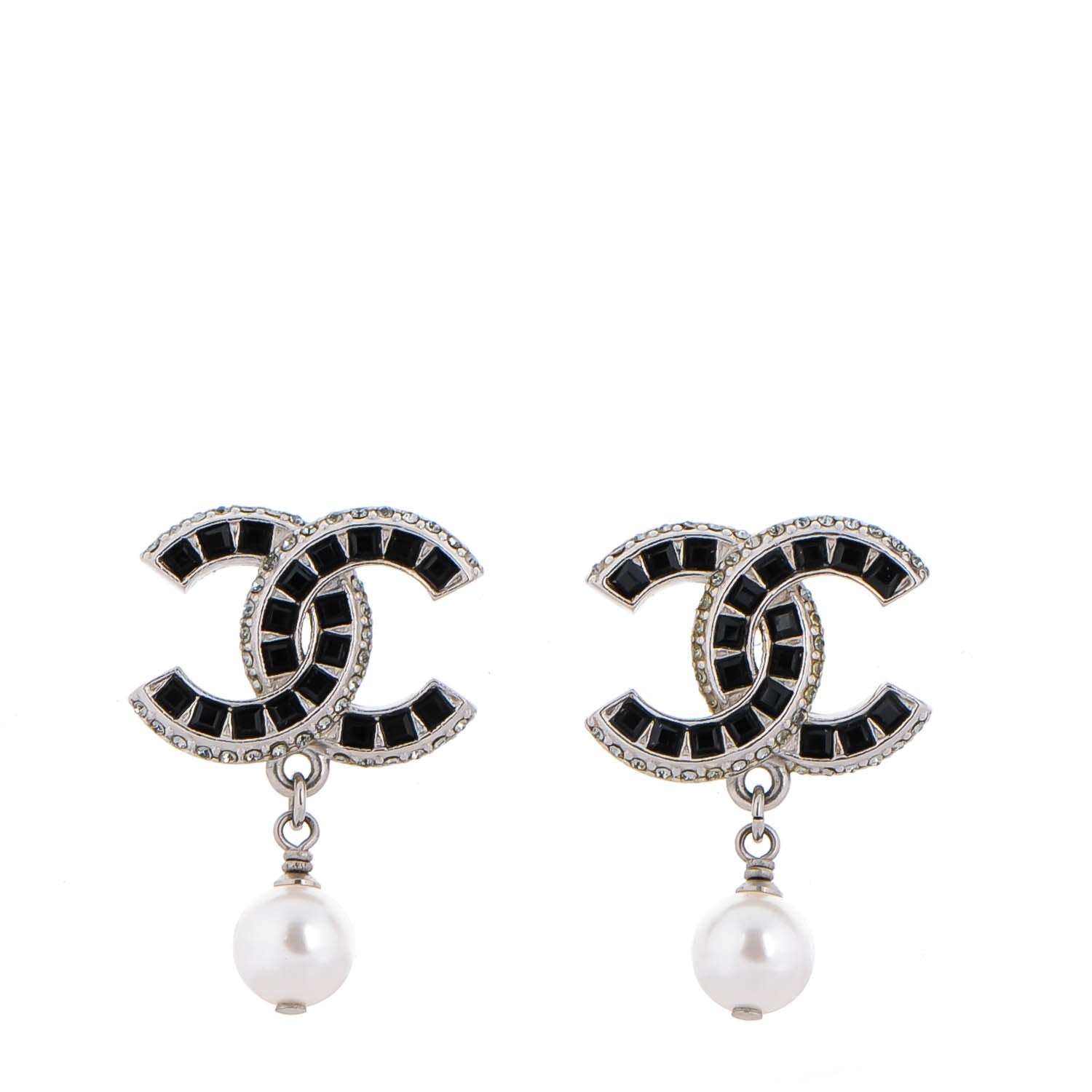 Chanel Baguette Crystal Pearl CC Drop Earrings Silver 1 of 5