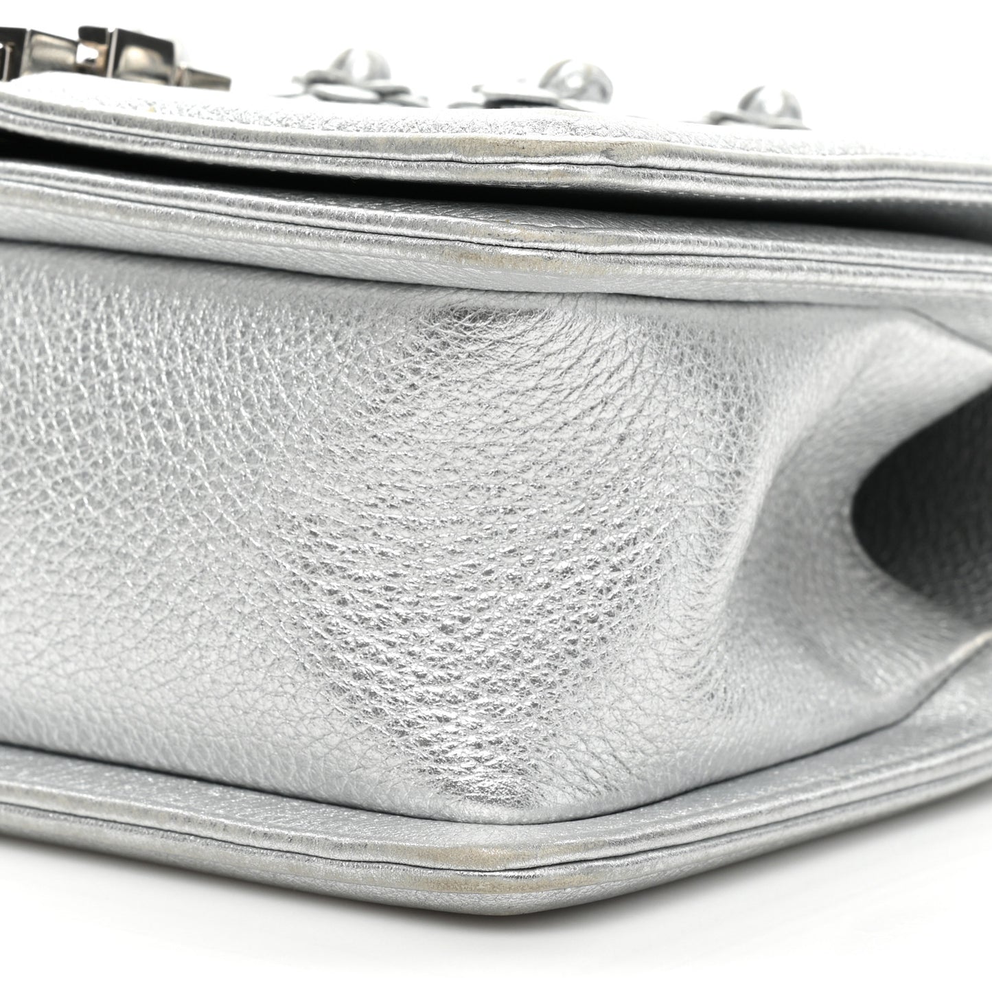 Metallic Calfskin Camellia Quilted Small Boy Flap Silver