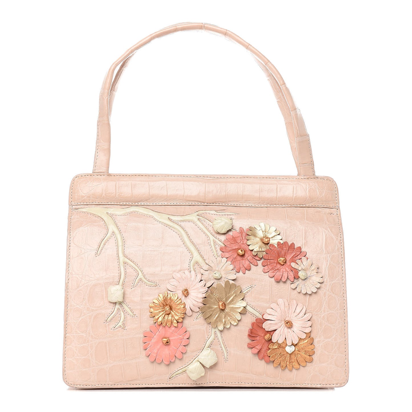 Crocodile Embroidered Floral Top Handle Bag Beige