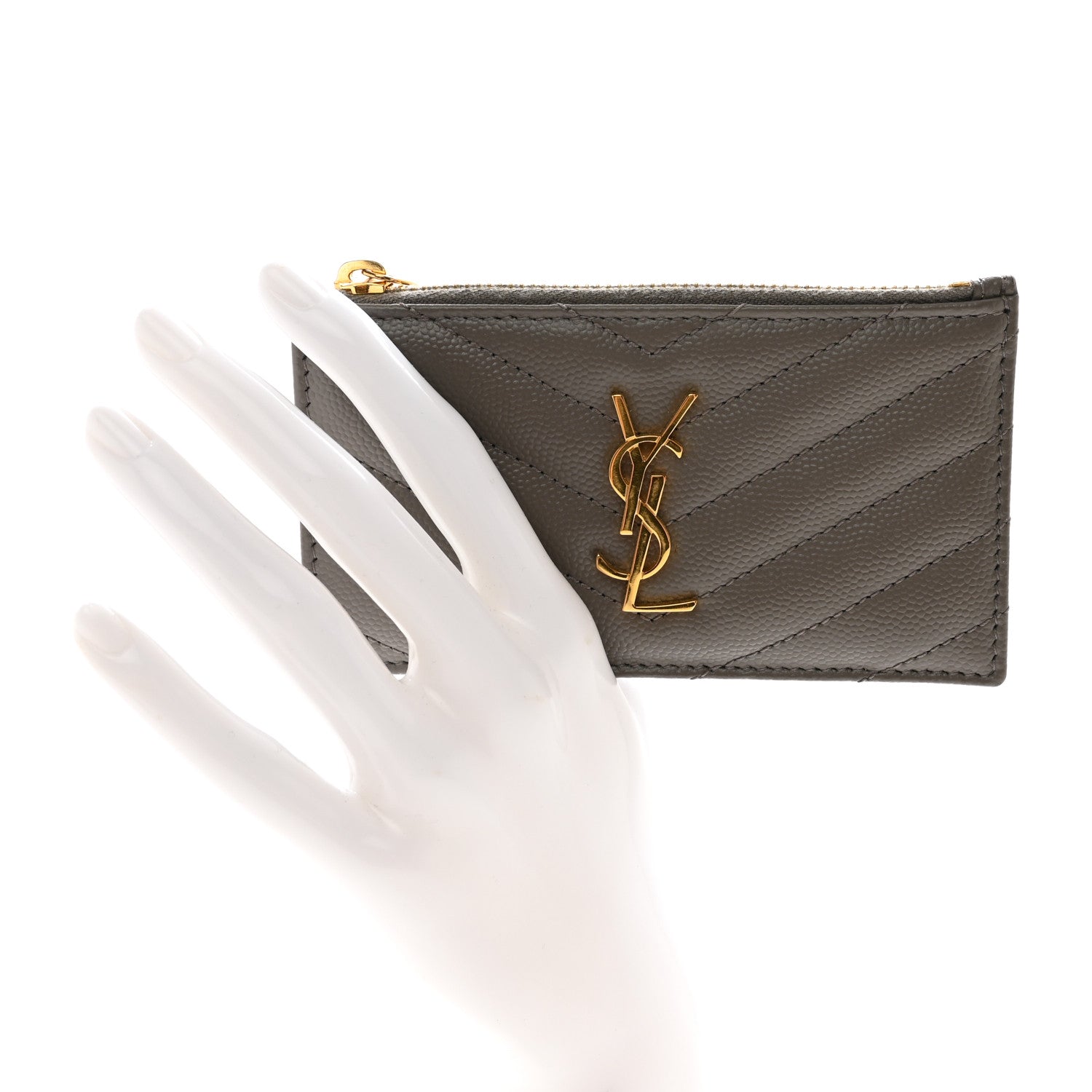 Saint Laurent Grain De Poudre Matelasse Chevron Monogram Fragments Zippered Card Case Pebble 2 of 8