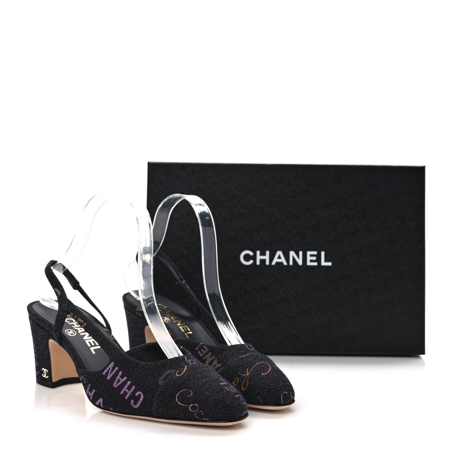 Chanel Denim Cap Toe Denim Mood Slingback Pumps 37 Black Multicolor 9 of 9