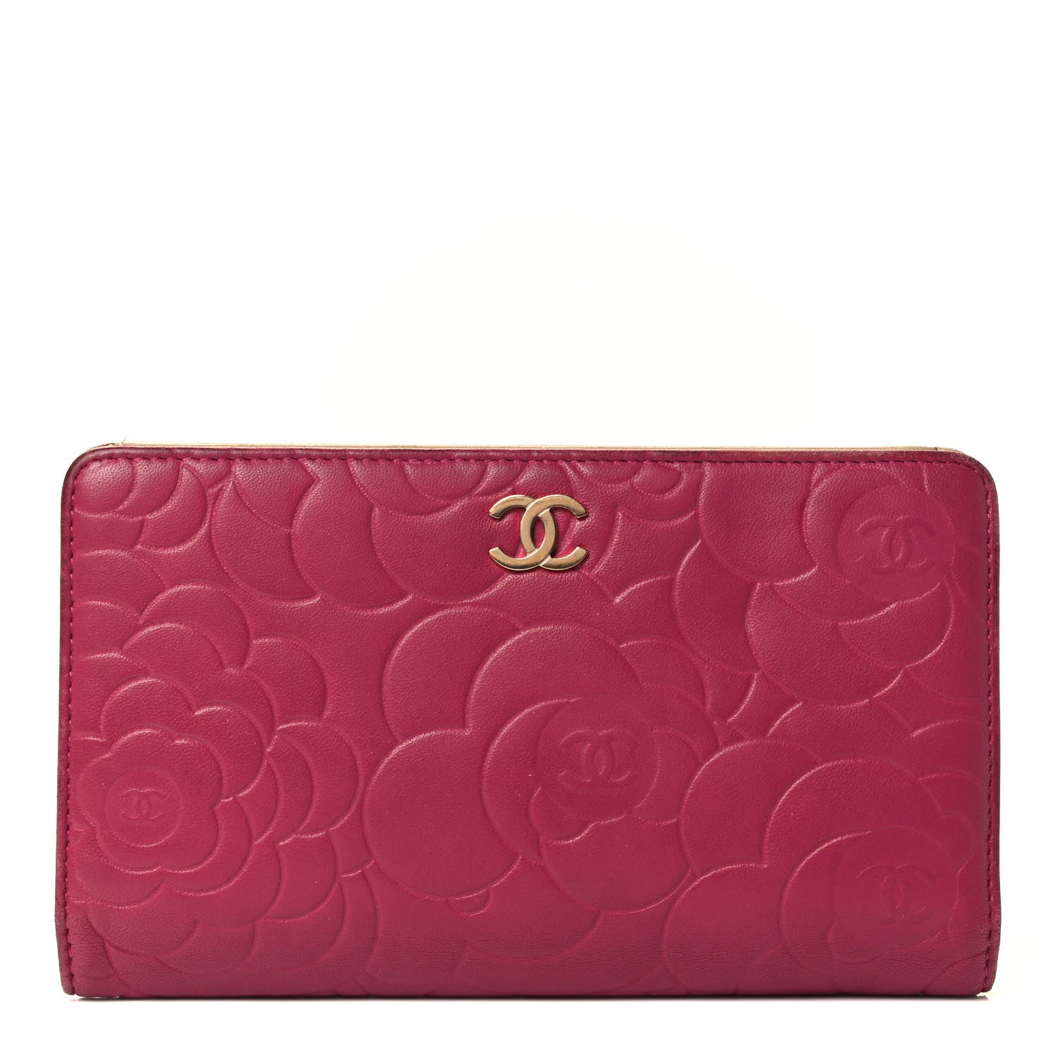 Chanel Lambskin Camellia Embossed Yen Wallet Fuchsia 1 of 4