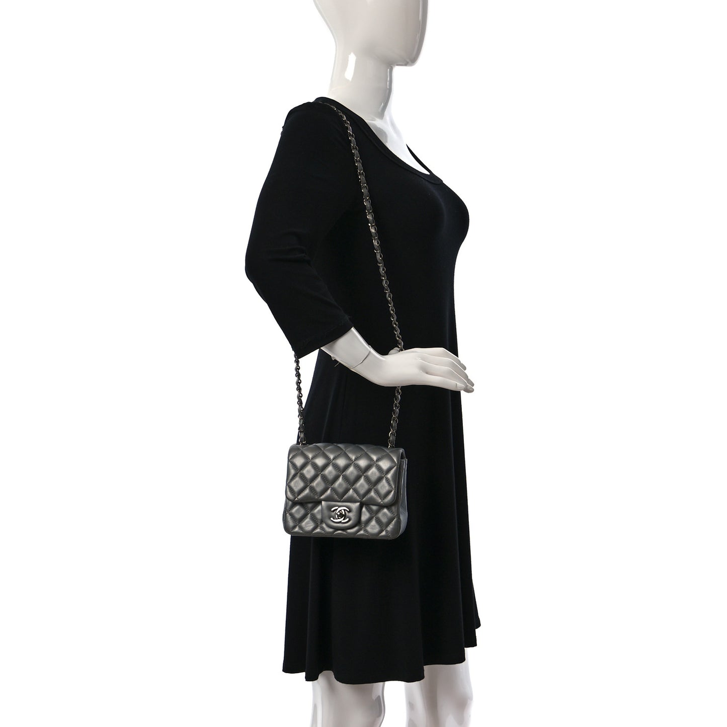 Metallic Lambskin Quilted Mini Square Flap Dark Silver