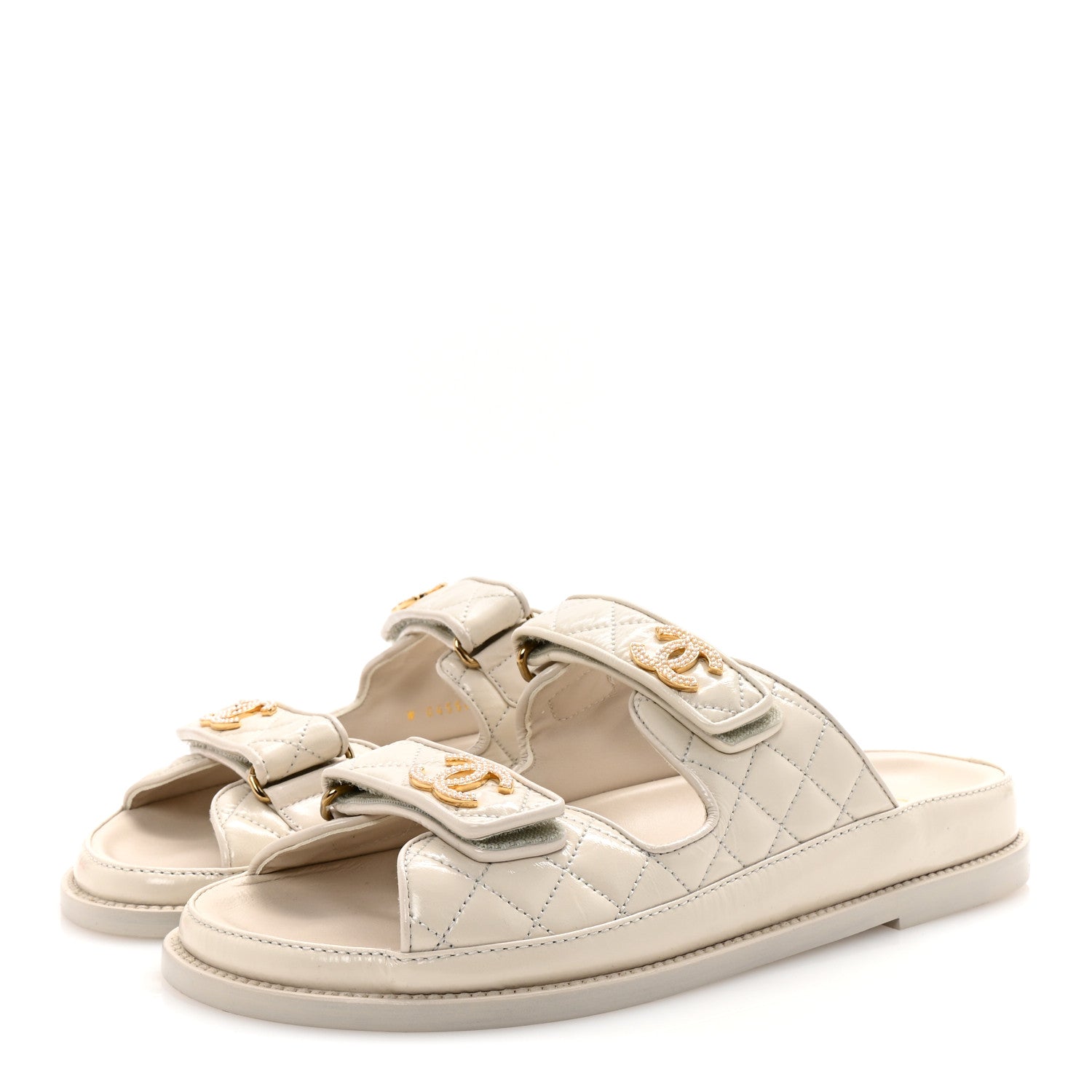 Chanel Shiny Calfskin Quilted Velcro Dad Pearl CC Slide Sandals 39.5 Light Beige 4 of 10
