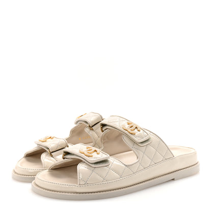 Chanel Shiny Calfskin Quilted Velcro Dad Pearl CC Slide Sandals 39.5 Light Beige 4 of 10
