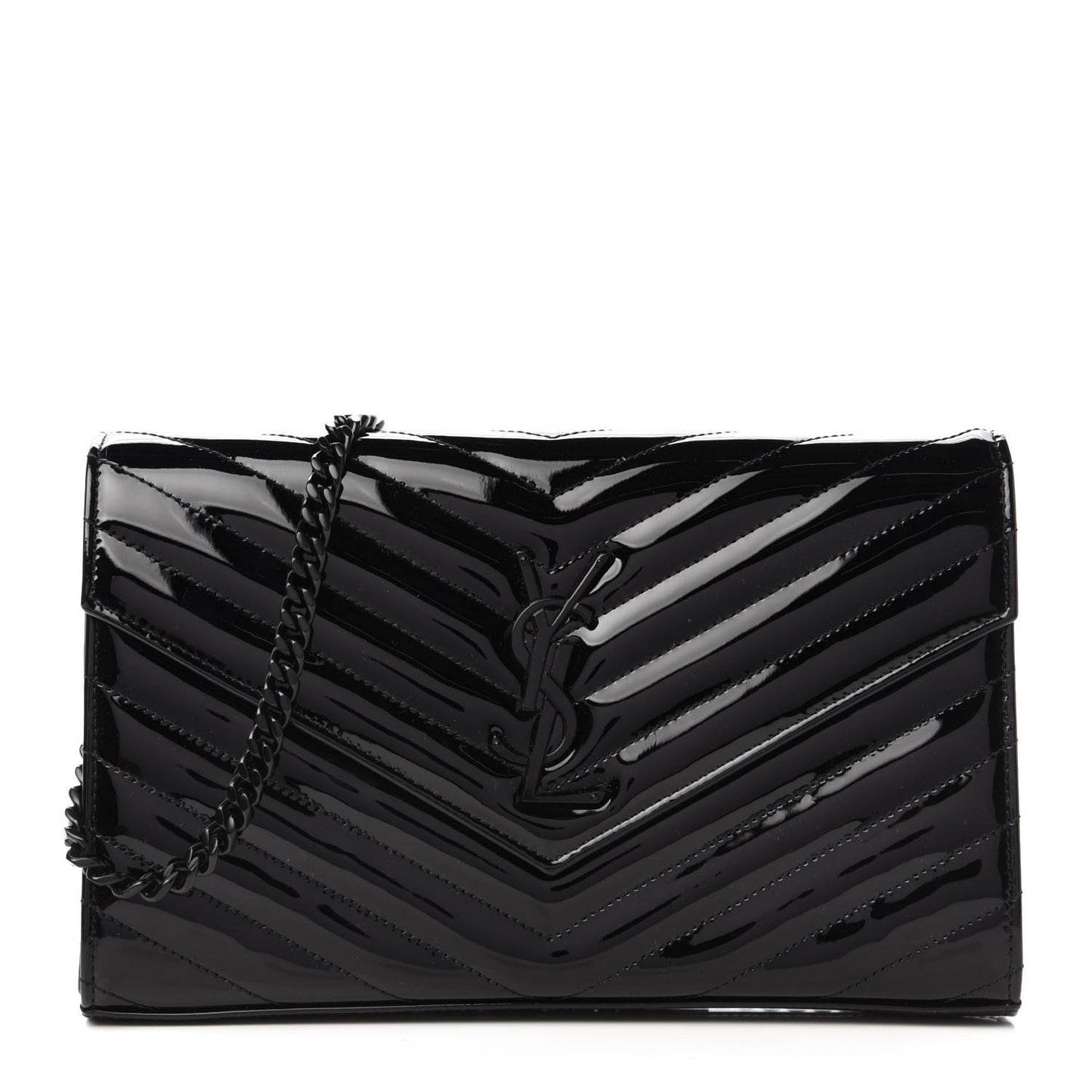 Patent Matelasse Chevron Monogram Chain Wallet Black