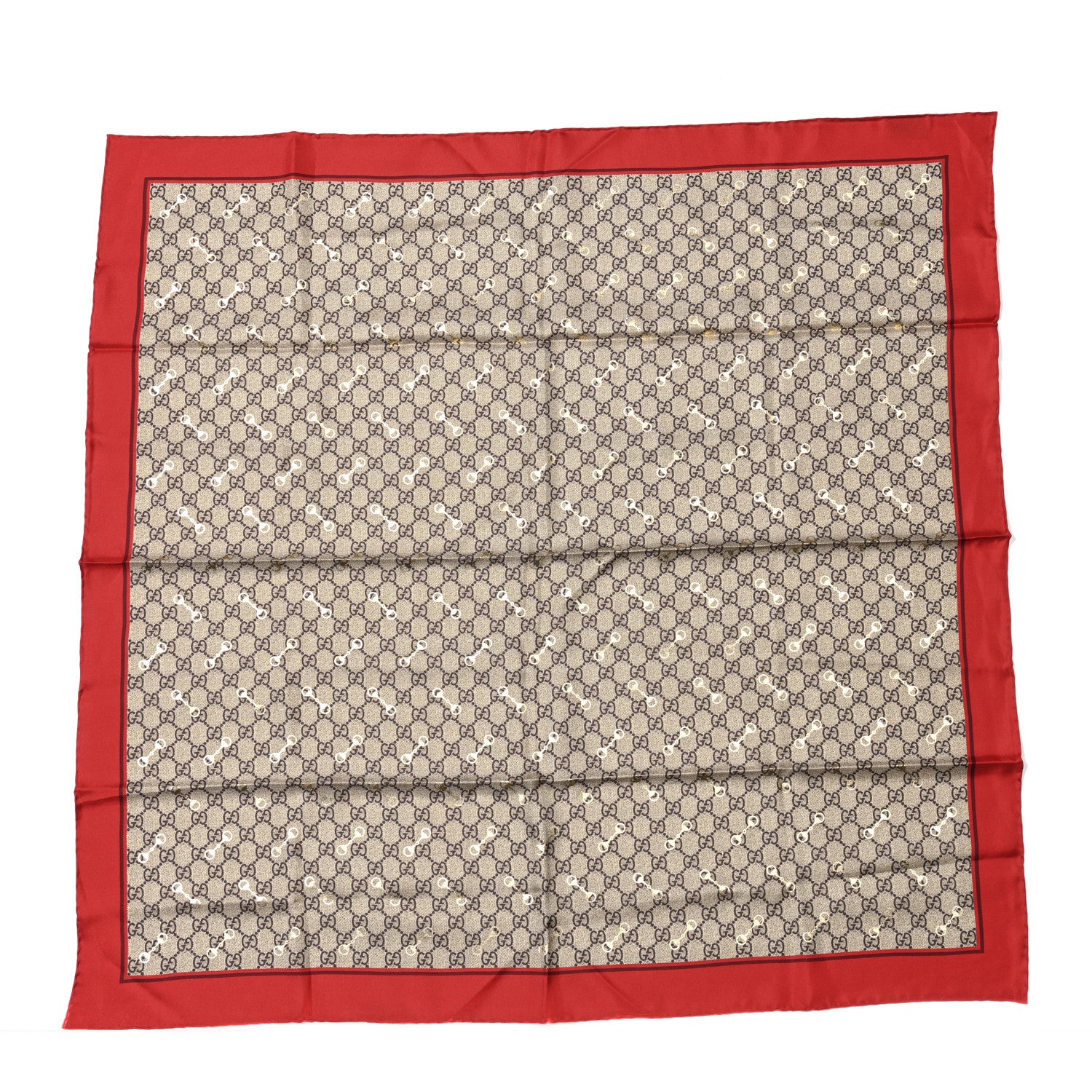 Gucci Silk Twill GG Monogram GG Gold Horsebit Square Scarf Red Gold 1 of 3
