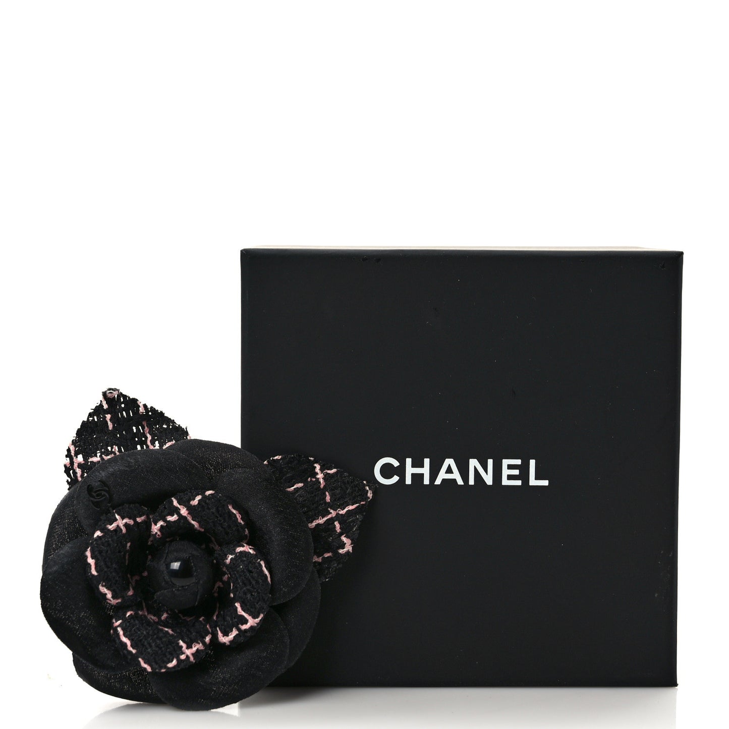 Tweed Camellia Pin Brooch Black Pink