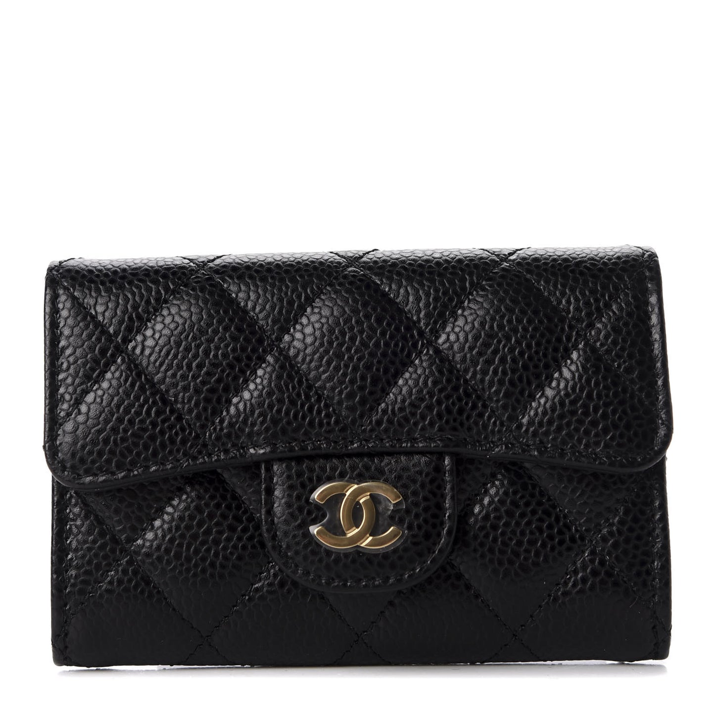 Caviar Quilted Flap Card Holder Wallet Black