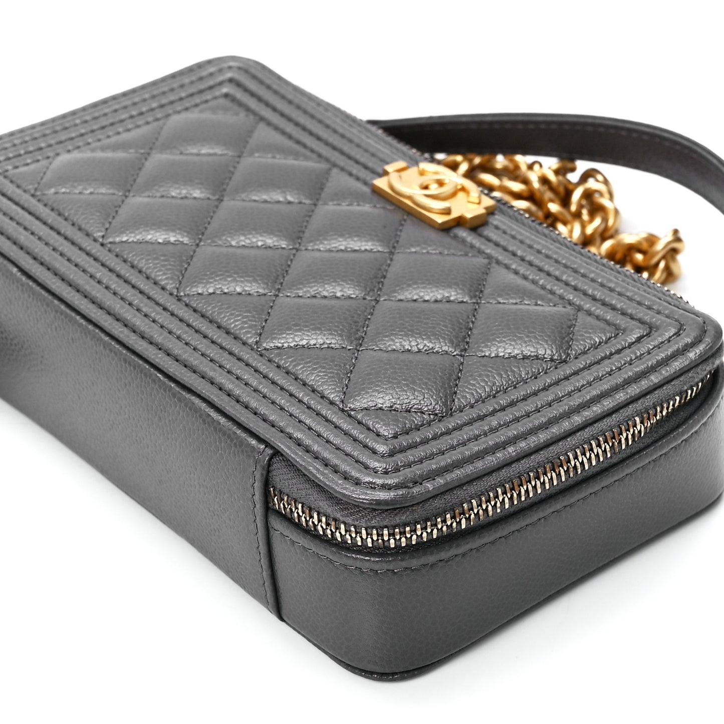Caviar Quilted Boy Zip Phone Holder With Chain Grey