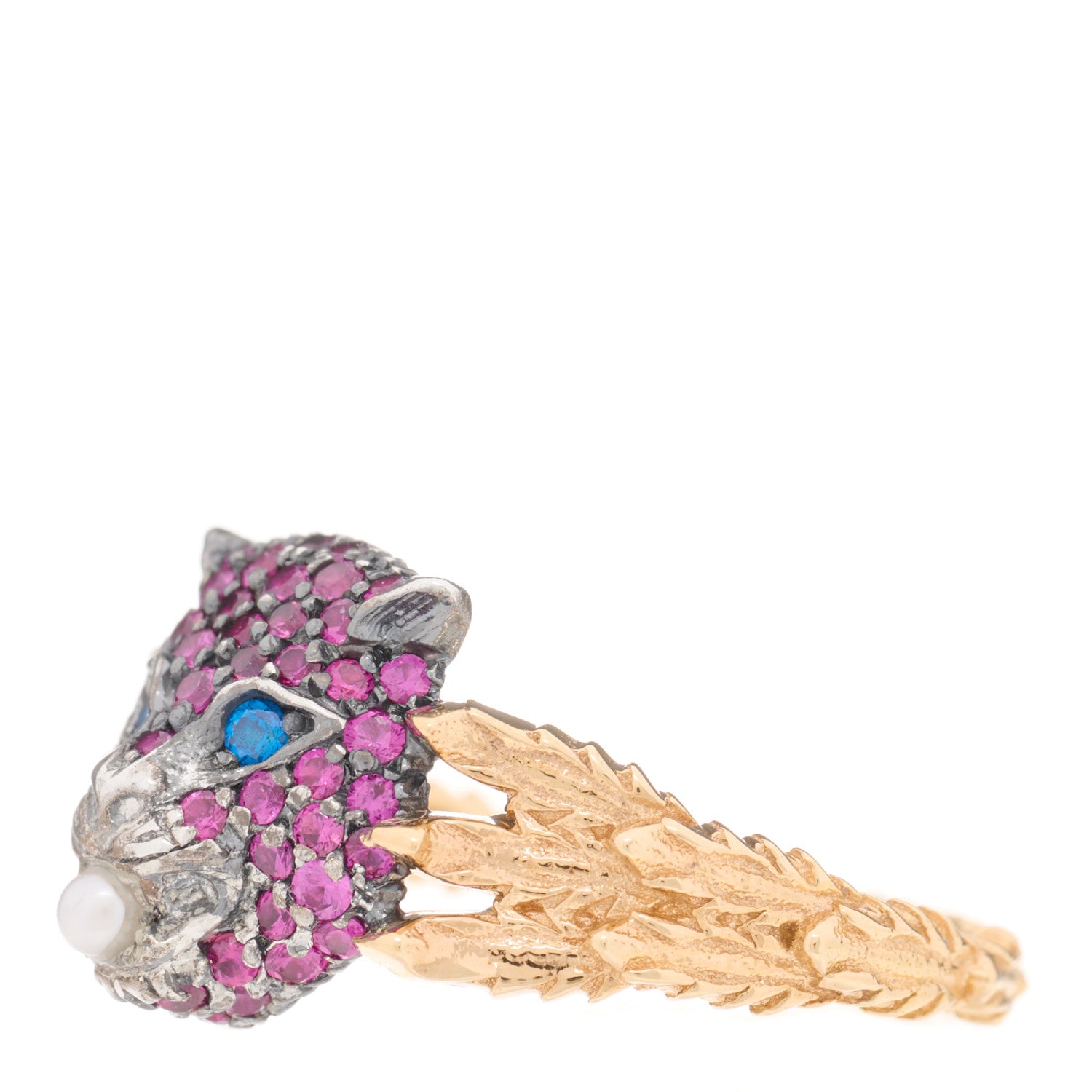 Gucci 18K Yellow Gold Sterling Silver Pink Sapphire Topaz Mother of Pearl Le Marche Des Merveilles Feline Ring 53 6.25 3 of 6