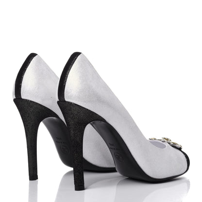 Chanel Metallic Fabric Jewel Cap Toe Pumps 39.5 Silver Black 4 of 12