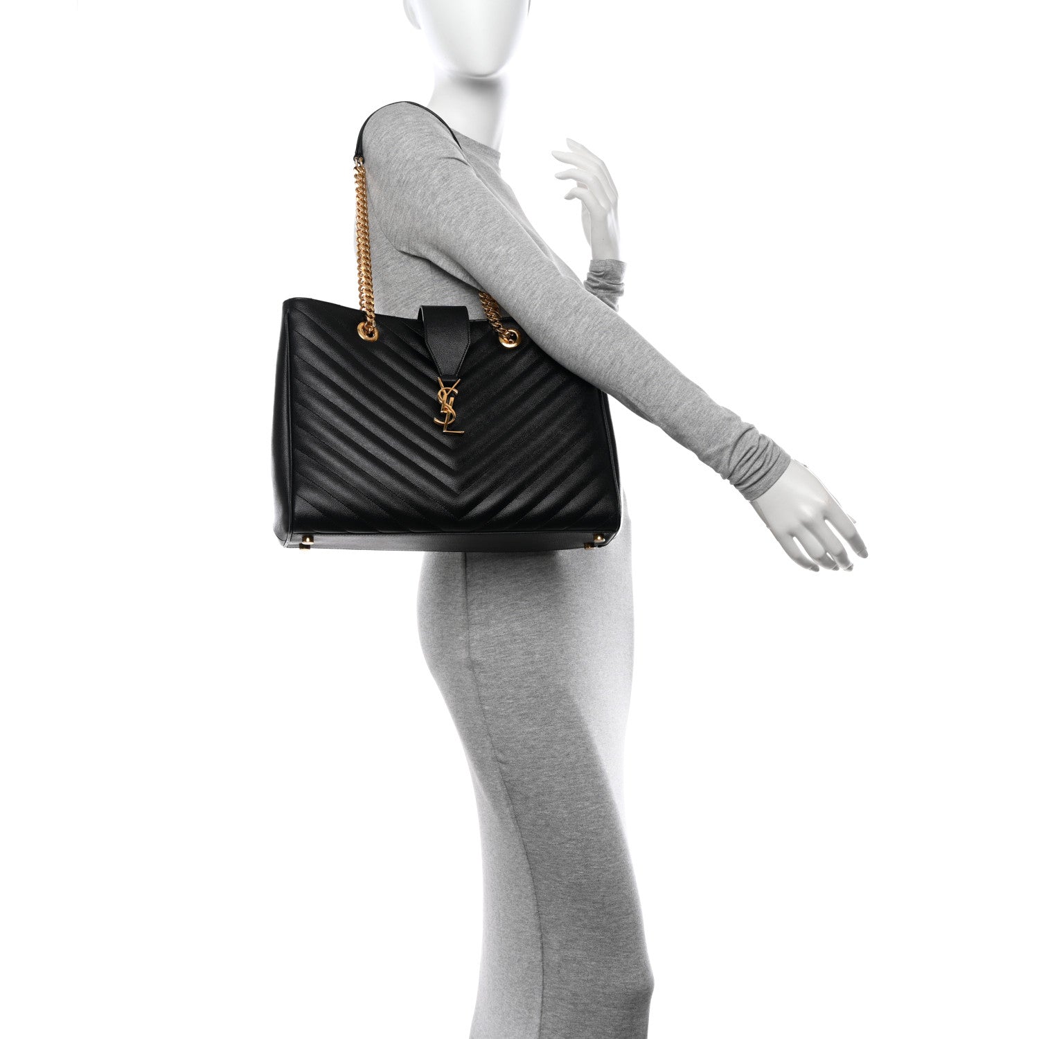 Saint Laurent Grain De Poudre Matelasse Chevron Monogram Shopping Bag Black 2 of 12