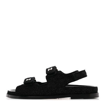 Chanel Suede Kidskin Glitter Crystal Velcro Dad Sandals 39 Black Silver 1 of 18