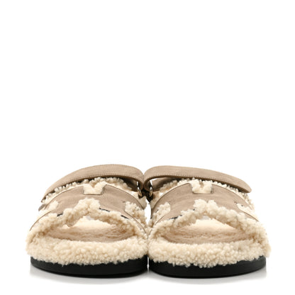 Hermes Suede Goatskin Woolskin Womens Chypre Sandals 39 Etoupe Ecru 3 of 10