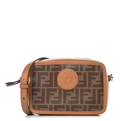 Fendi Glazed Fabric Vitello Century FF 1974 Stamp Patch Mini Camera Case Mogano Panna Caramello 1 of 10